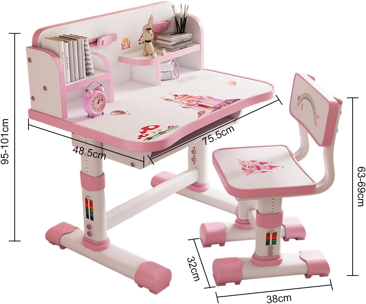 Height Adjustable Kids Desk and Chair Set, Ergonomic Study Table with Cartoon Pattern and Storage