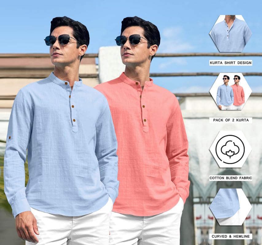 Image of ROYALSCOUT Combo of Men's Solid Cotton Blend Full Sleeve Straight Kurta Shirt (Pack of 2)