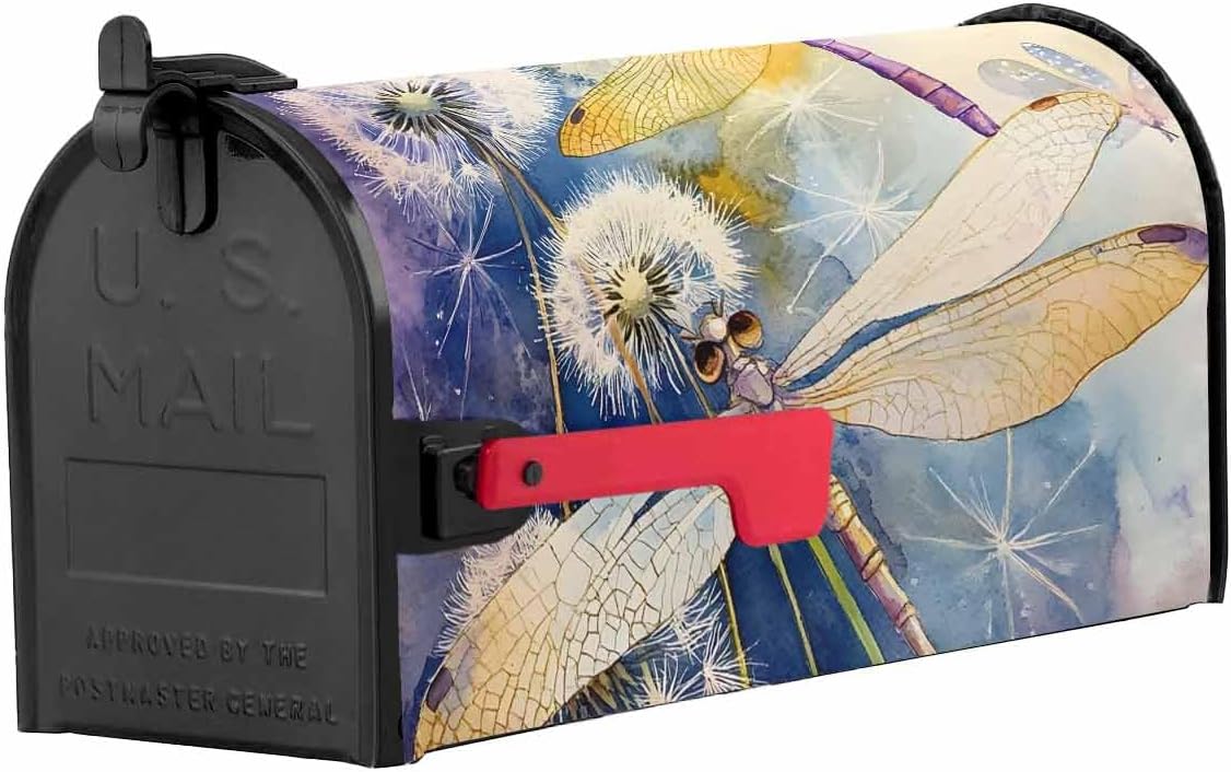 Yellow Dragonfly Mailbox Covers Magnetic Standard Size, Summer Spring Floral Watercolor Decorative Post Letter Numbers Box Wrap Decoration Covers Small Accessories for Garden Yard Outdoor Décor