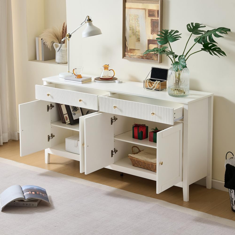 Elegante credenza per sala da pranzo con 2 cassetti e 4 ante, elegante buffet per cucina, sala da pranzo e soggiorno, con maniglie dorate e ampio spazio di archiviazione, bianco