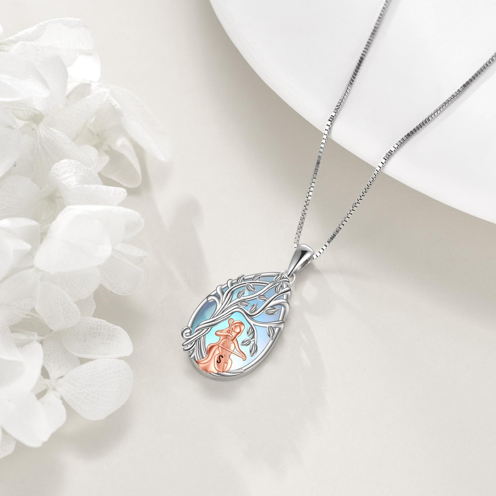 YAFEINI Collar de violonchelo para mujer, plata de ley, collar de piedra lunar, joyería de violonchelo, regalos para niñas, Piedra lunar de imitación