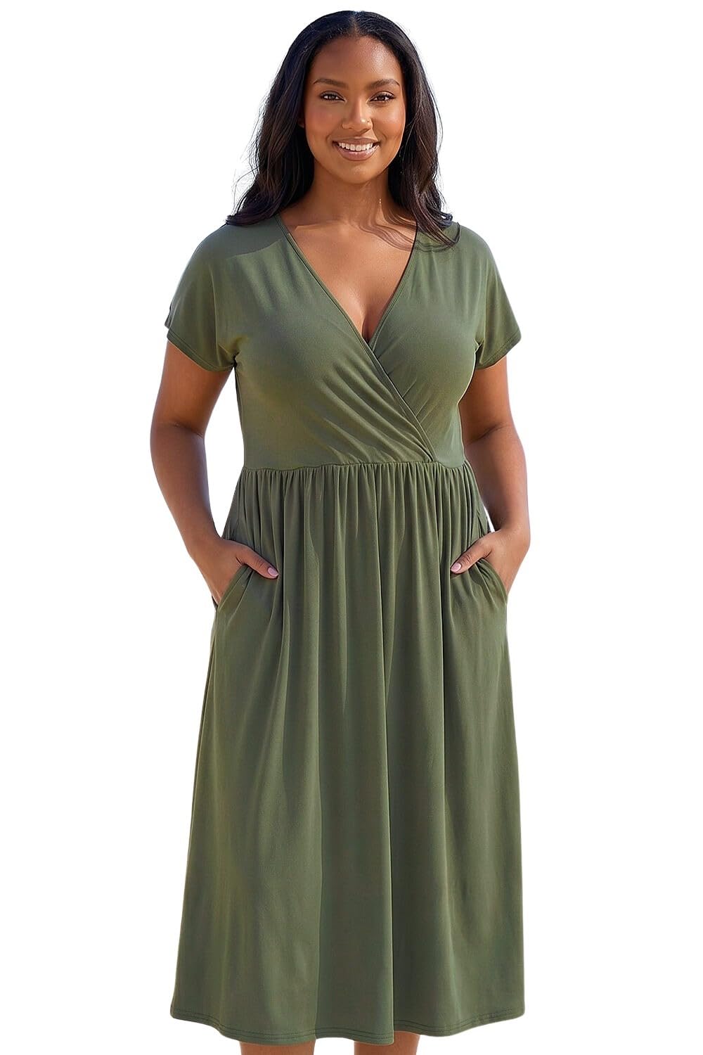 Roman Curve Wrap Front Stretch Dress for Women UK - Ladies Everyday Holiday Spring Summer V-Neckline Comfy Soft Evening Vacation Work Party - Khaki Plus - Size 2224
