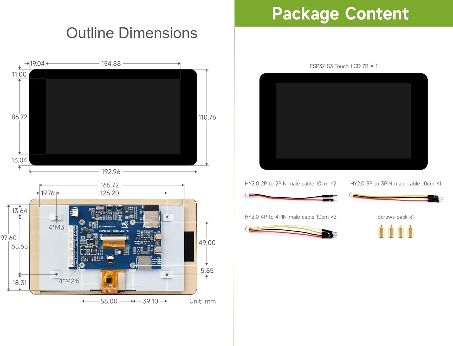 ESP32-S3 7inch Touch LCD Development Board, 1024×600 65K Color IPS Display, 32-bit LX7 Dual-core Processor, up to 240MHz Frequency, Support 2.4GHz Wi-Fi and BLE 5, Backlight Adjustable