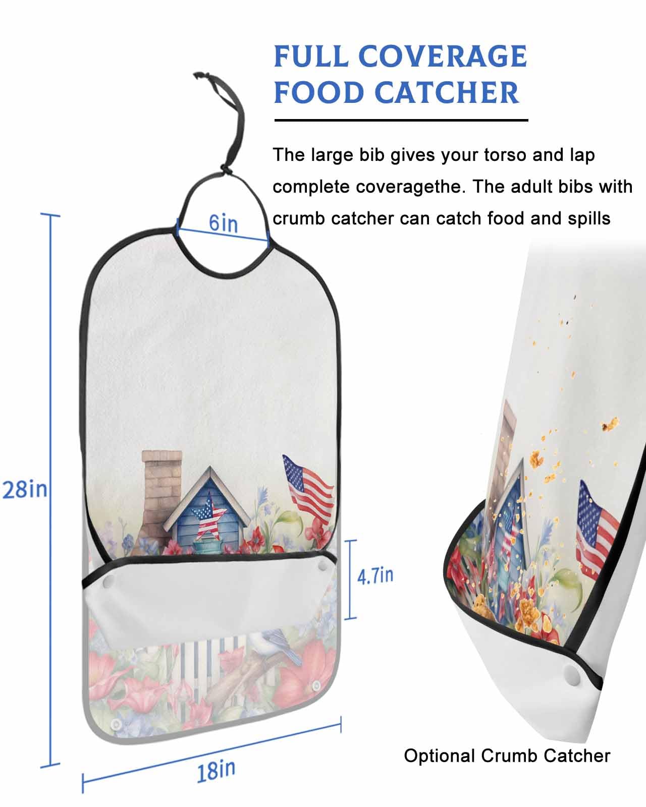 4th Of July Adult Bib for Adults Men, Women, Farmhouse Garden Floal Bird Red Blue White Washable & Adjustable Terry Cloth Bib with Crumb Catcher Reusable Waterproof Clothing Clothes Protector Apron