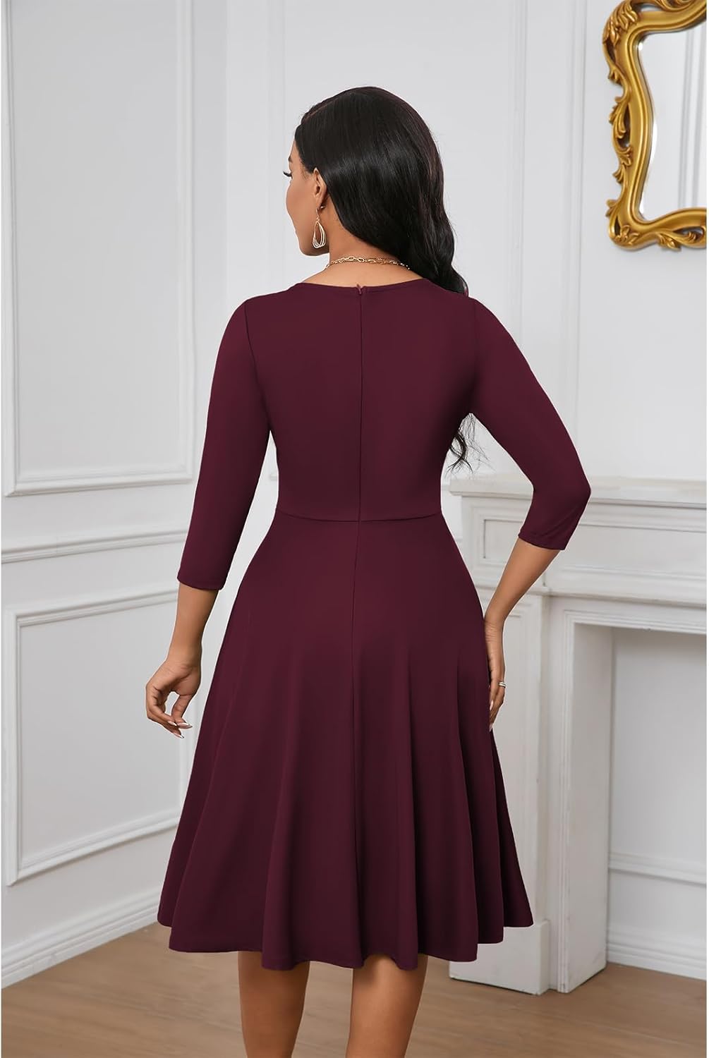 Womens Plus Size Dresses Faux Wrap Summer Dress 3/4 Sleeves V Neck 1950s Retro Vintage Wedding Party Midi Dress - Image 5