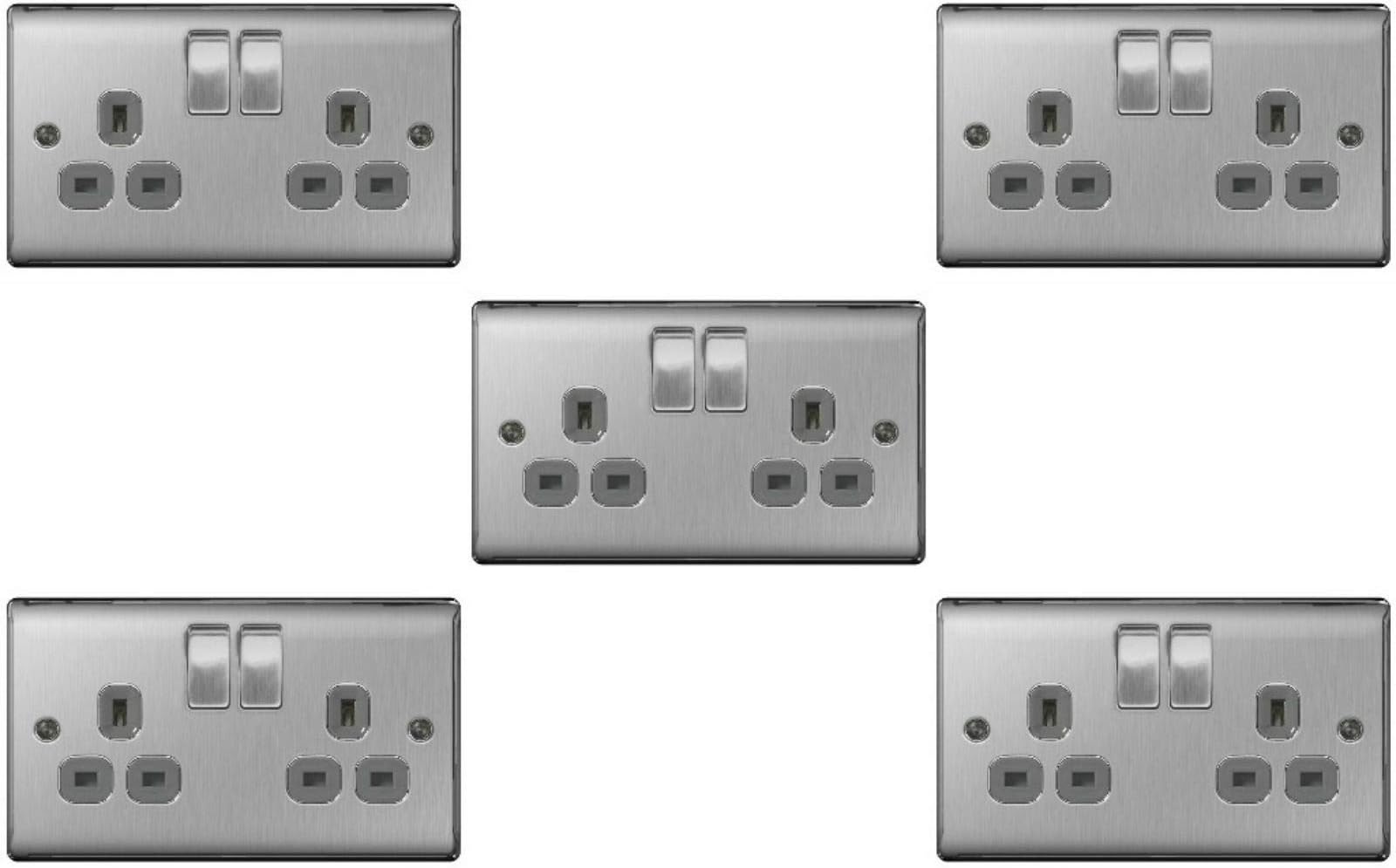 BG Electrical nbs Switch Socket Outlets - Brushed Steel,Grey,22g/5 5 x Twin 13 A