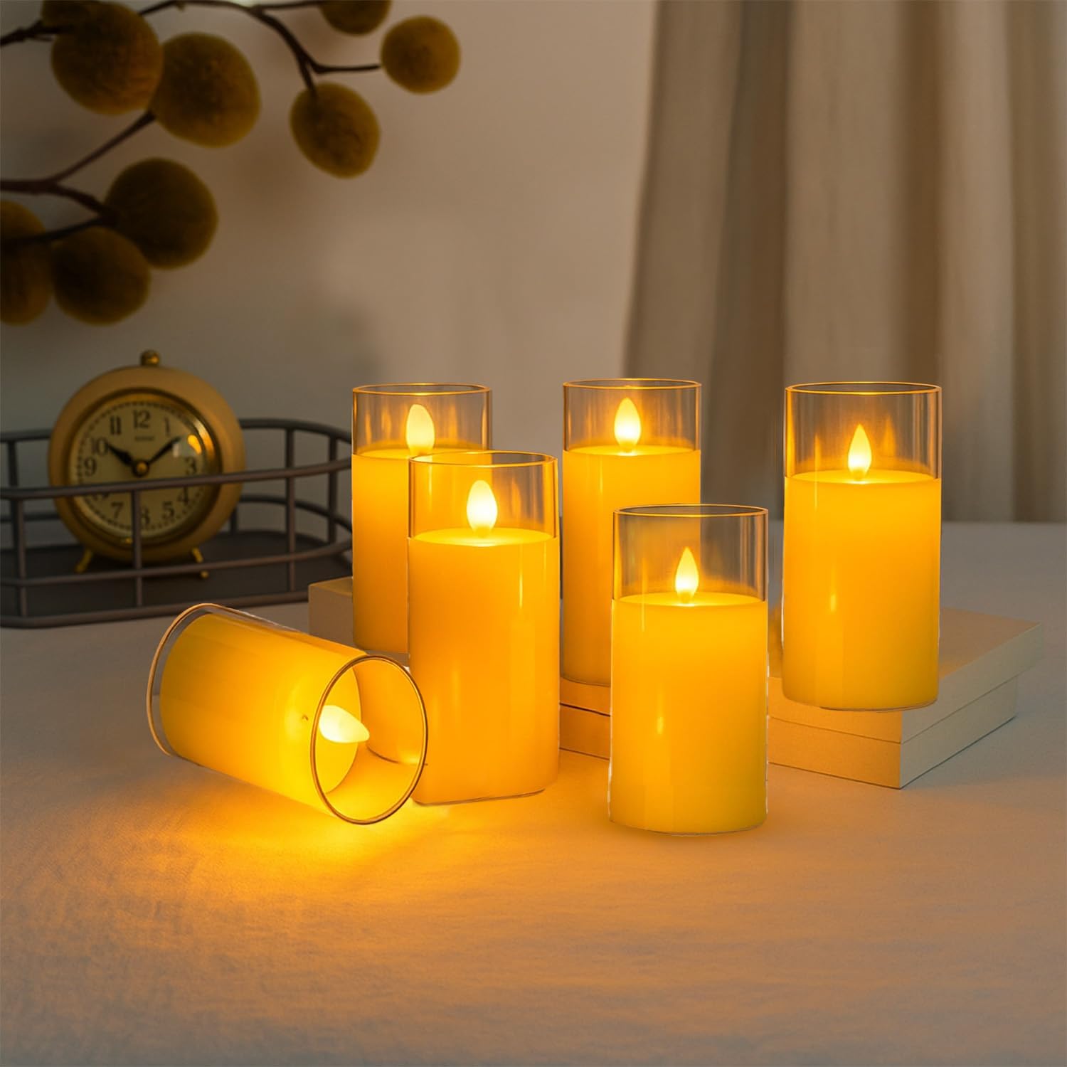 Party Propz Led Flameless Glass Candles – Set of 6 (6in X 2.3in, Yellow Warm Glow), Battery Operated with On/Off Switch, Decorative Flickering Candle Light for Decoration, Weddings, Events & Gifting-image-21