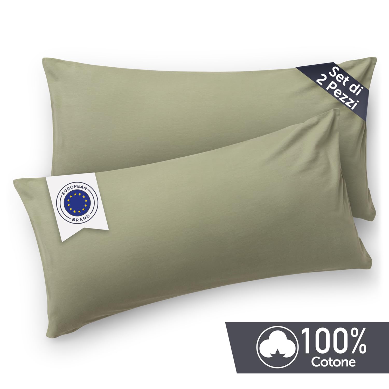 Blumtal Federe Cuscini Letto Matrimoniale Cotone - Federe Cuscini 40x80-100% Cotone, Set di 2 Federe in Jersey con Cerniera, Federa certificate Oeko-Tex, Federe Cuscino Letto - Verde Oliva