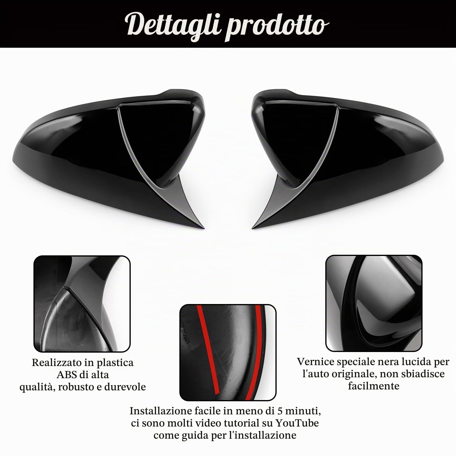 Coperchio Dello Specchio Laterale, Ricambio per Specchietto Retrovisore Compatibile con Golf MK7 Hatch-back MK7.5 GTI R GTD Base 2009-2020 Tou-ran II All-track, Nero Lucido, 2 Pezzi