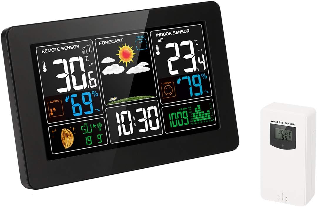 Protmex PT3388 Indoor Outdoor Weather Station, Digital Color Forecast Station with Alert and Temperature/Humidity/Barometer/Alarm/Moon Phase/Atomic Clock and USB Charging with Outdoor Sensor Black
