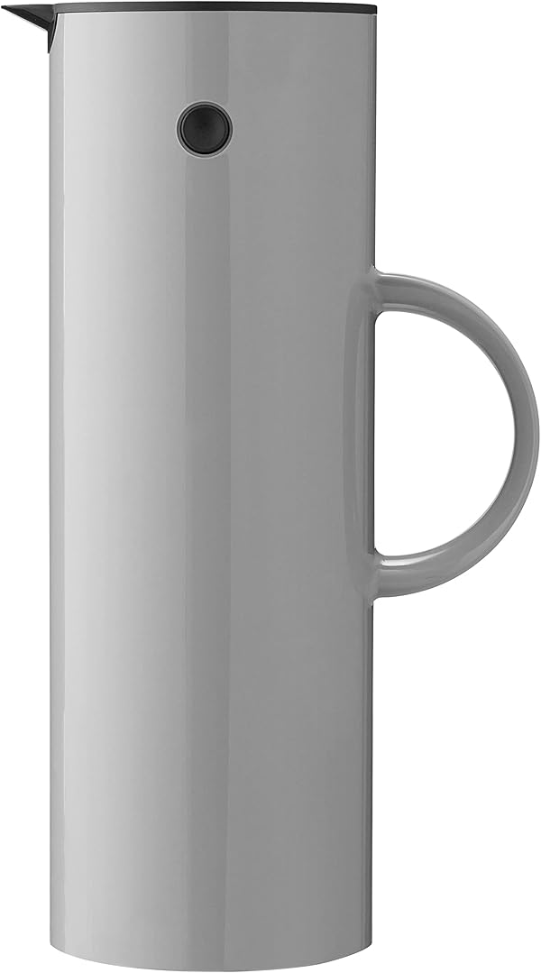 Stelton Isolierkanne EM77 - Doppelwandige Isolierkanne für heiße/kalte Getränke | Tee- & Kaffeekanne mit Glaseinsatz, Magnetverschluss, Schraubdeckel, Vintage-Design - 1 Liter, Hellgrau