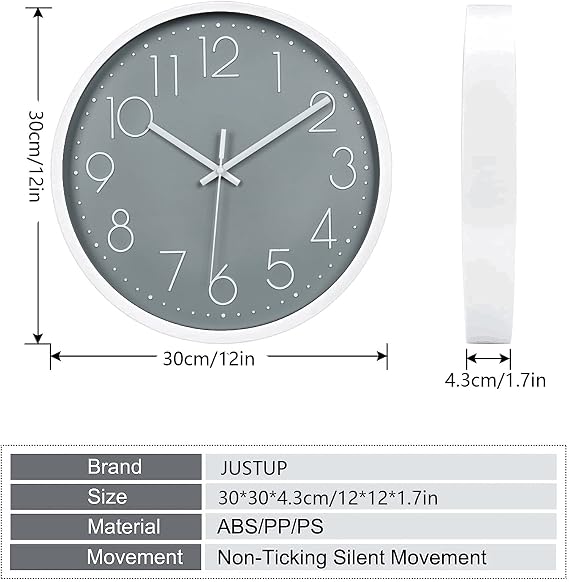 JUSTUP 12 inch Non-Ticking Wall Clock, Battery Operated Modern Wall Clock
