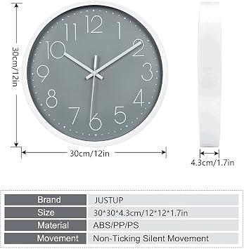 JUSTUP 12 inch Non-Ticking Wall Clock, Battery Operated Modern Wall Clock
