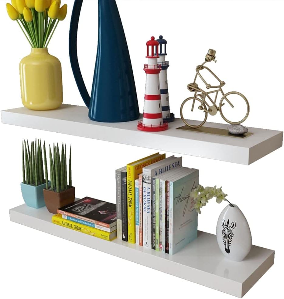 White Floating Wall Shelves Set of 4, 31.5 in Wide MDF Display Ledge for Living Room, Bedroom, Bathroom Decor, Invisible Mounting System