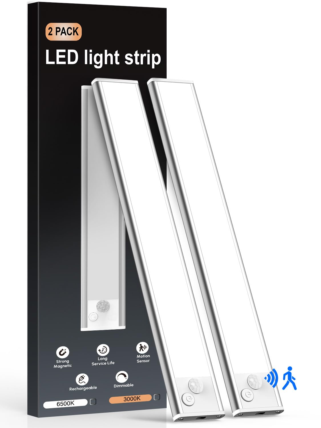 Demkia Iluminación para armarios de cocina, LED con detector de movimiento, 2200 mAh, recargable, batería de 6500 K, lámpara USB, barra de luz magnética, barra de luz inalámbrica