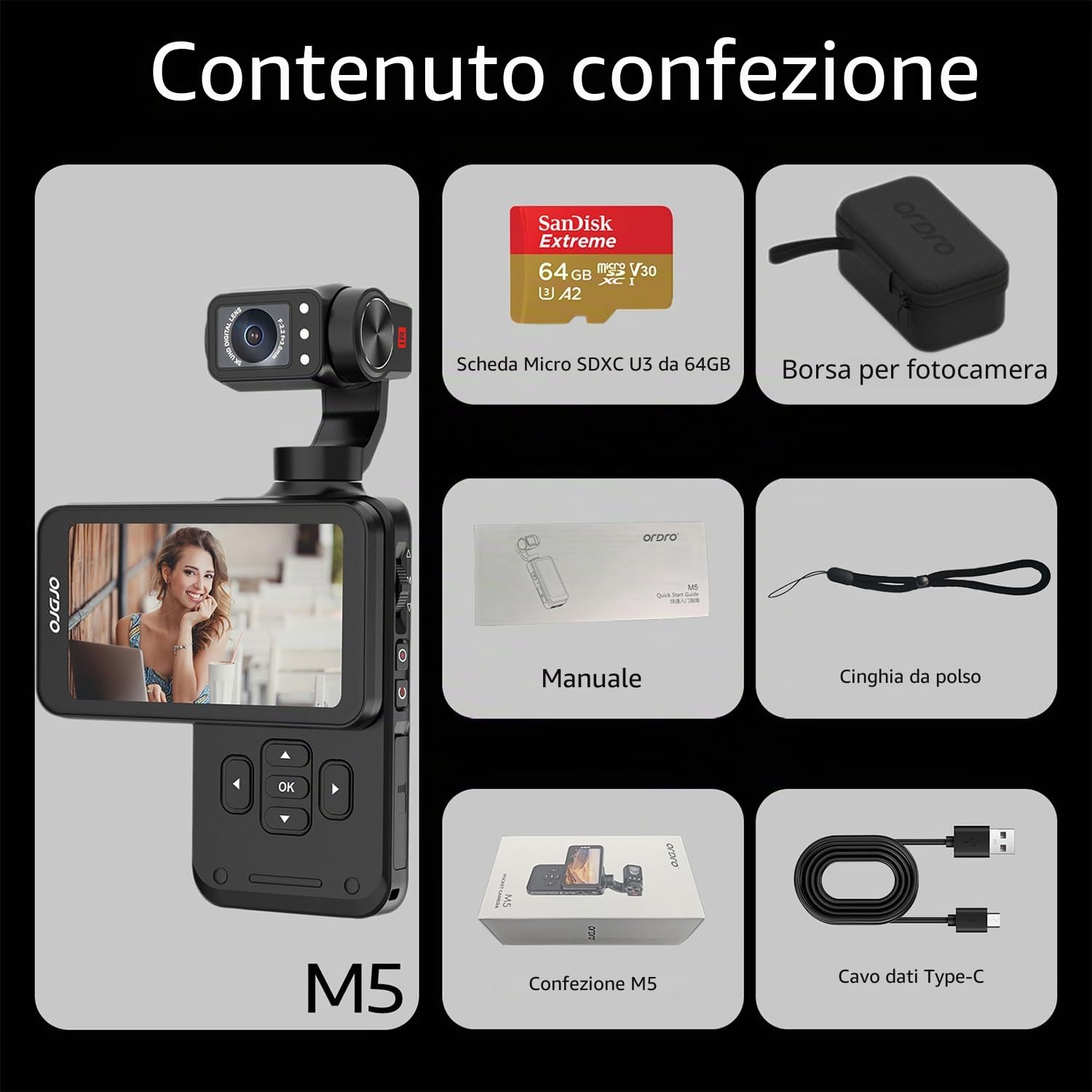 ORDRO M5 5K - Fotocamera da Vlogging con Stabilizzatore a 3 assi, angolo ultra ampio di 120°, visione notturna a infrarossi, schermo IPS girevole da 3,5", piccola videocamera da Vlog con scheda SD da