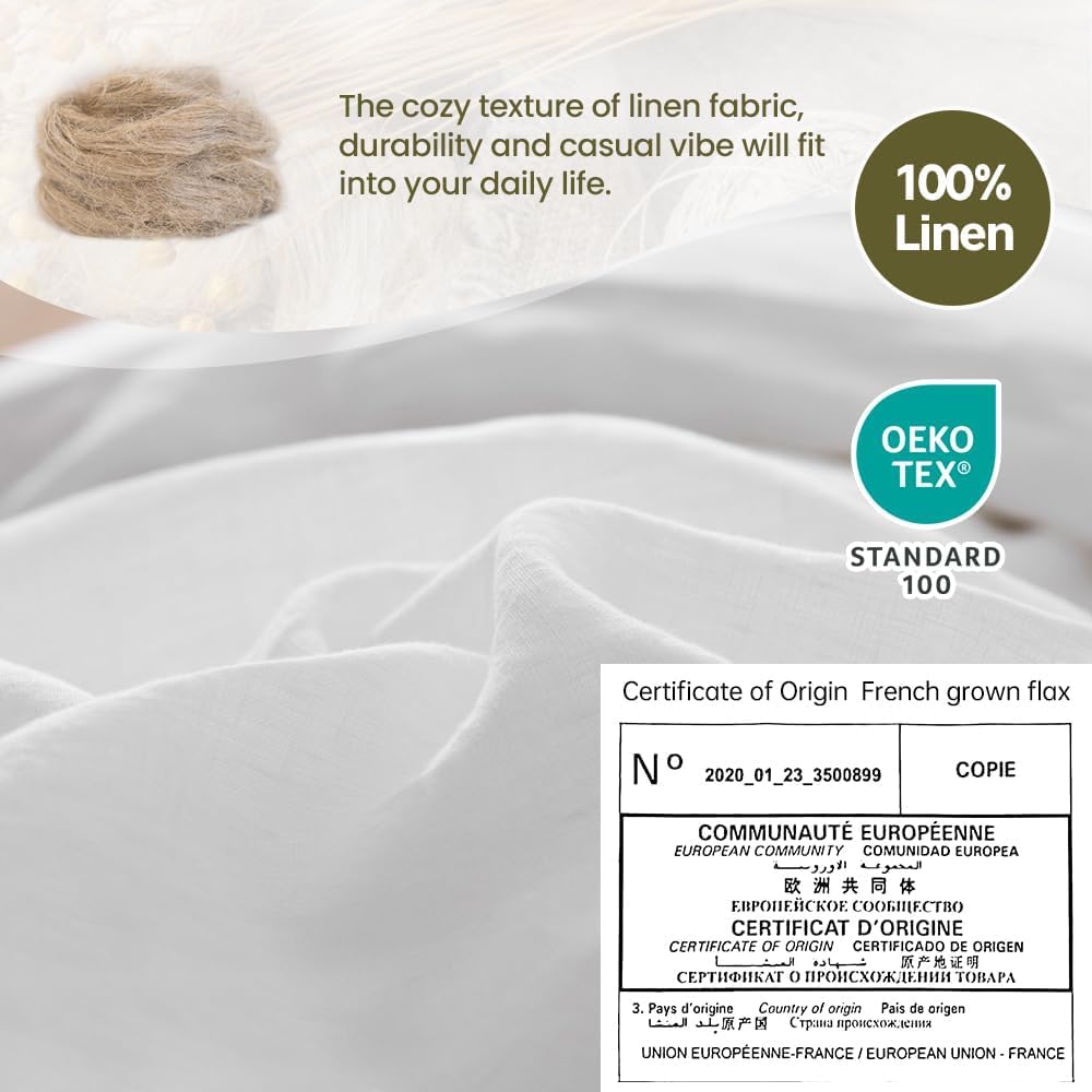 Simple&Opulence 100% Washed Linen Duvet Cover, 3 Pieces Natural Flax French Country Bedding Set, Breathable Farmhouse Comforter Cover with Coconut Button Closure(King,White)