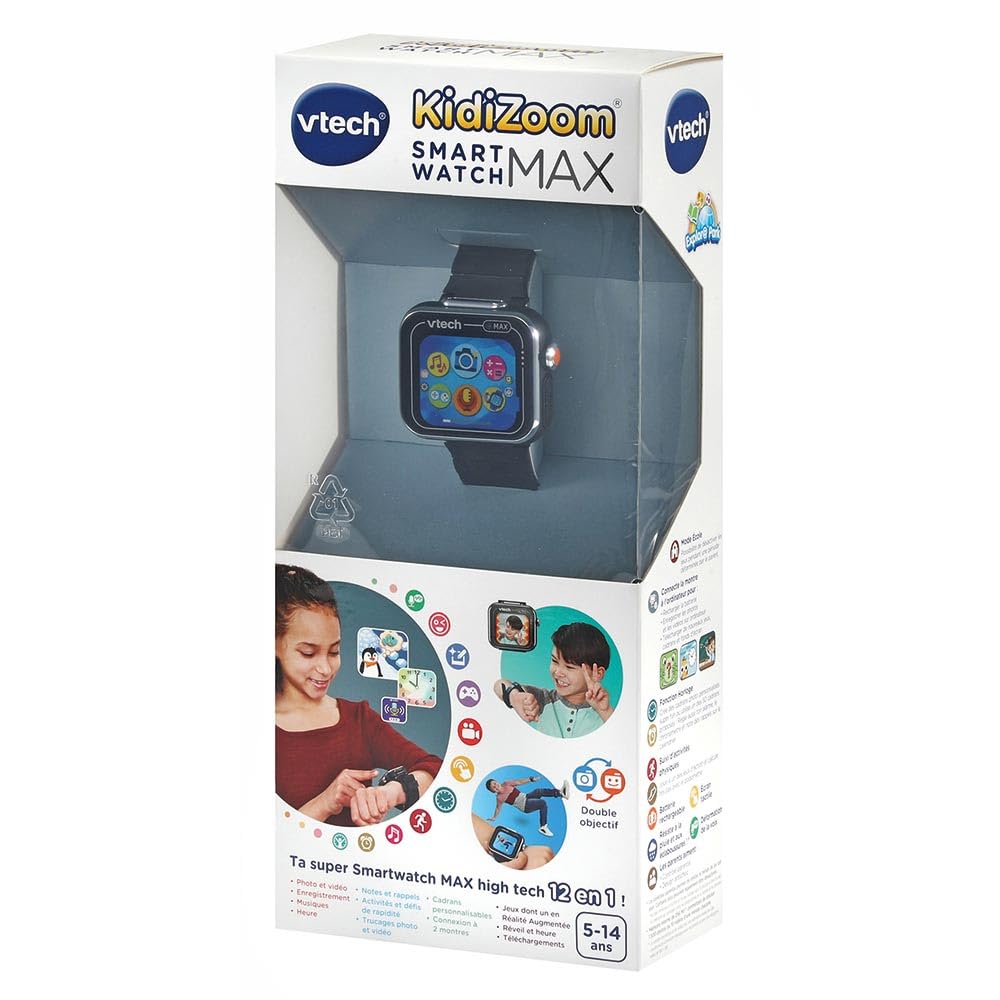 VTech - KidiZoom SmartWatch Max Noire, Montre Digitale Enfant, Photo, Selfie, Vidéo, Écran Tactile Horizontal, Jouet High-Tech, Cadeau Enfant et Ado de 5 Ans à 14 Ans - Contenu en Français