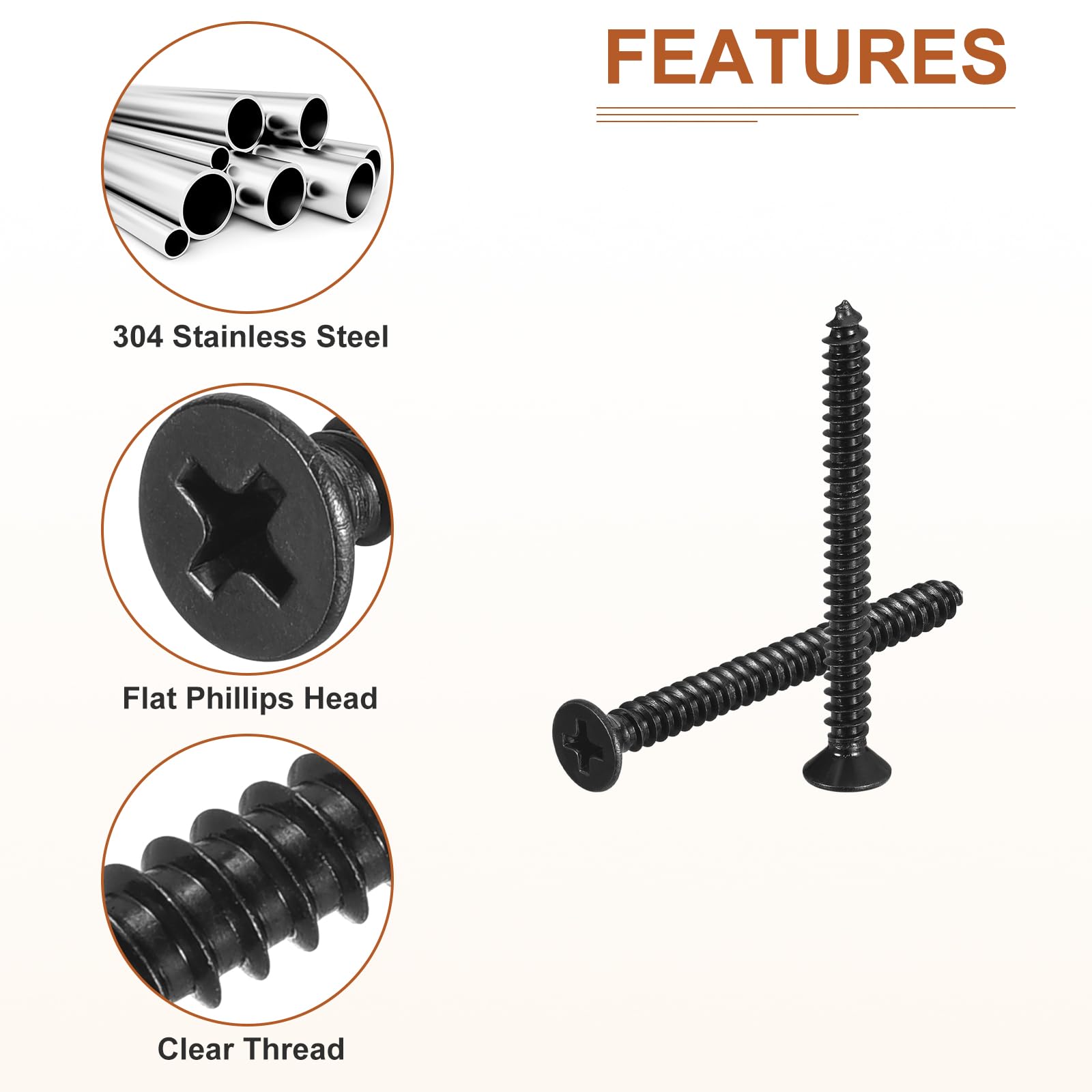 DTGN 50Pcs #10x2" Flat Head Wood Screws, 304 Stainless Steel Phillips Self Tapping Screws - Good for Woodworking Furniture - Black - Image 4