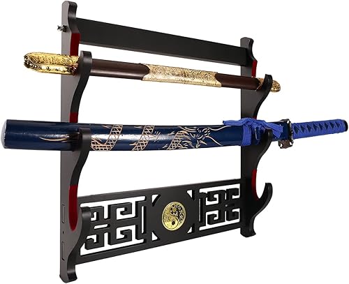 Miniatura 4 de GUIIYLGG Soporte de pared Katana para espada, soporte de pared de 3 niveles, icono de Tai Chi, terciopelo, acolchado, soporte de exhibición de
