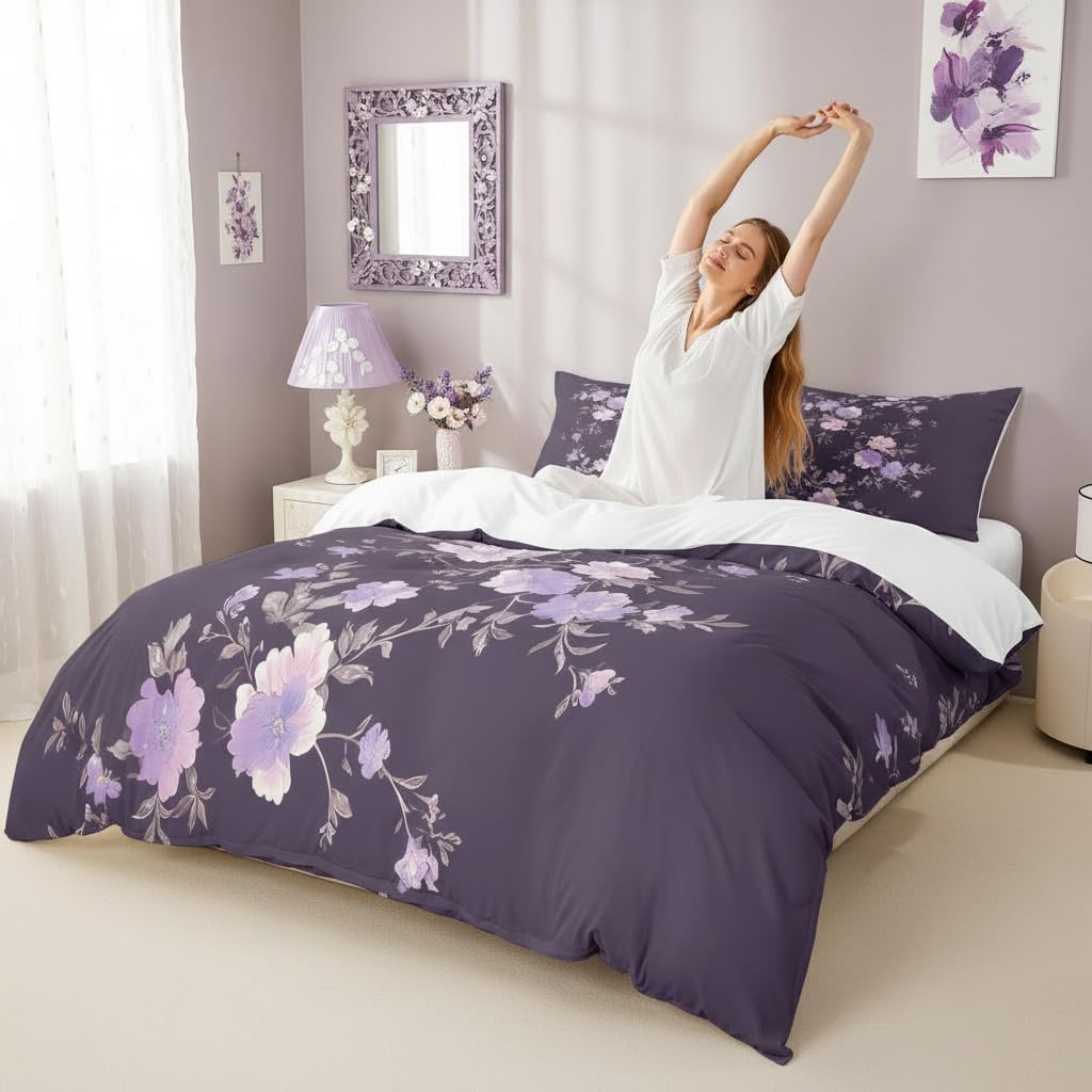 Purple Floral Duvet Cover,Kids Plants and Flowers Bedding Set,Botanical Floral Comforter Cover for Boys Girls Room Decor,Purple Lightweight Bedspread Cover Twin Size with 1 Pillow Case(No Comforter)