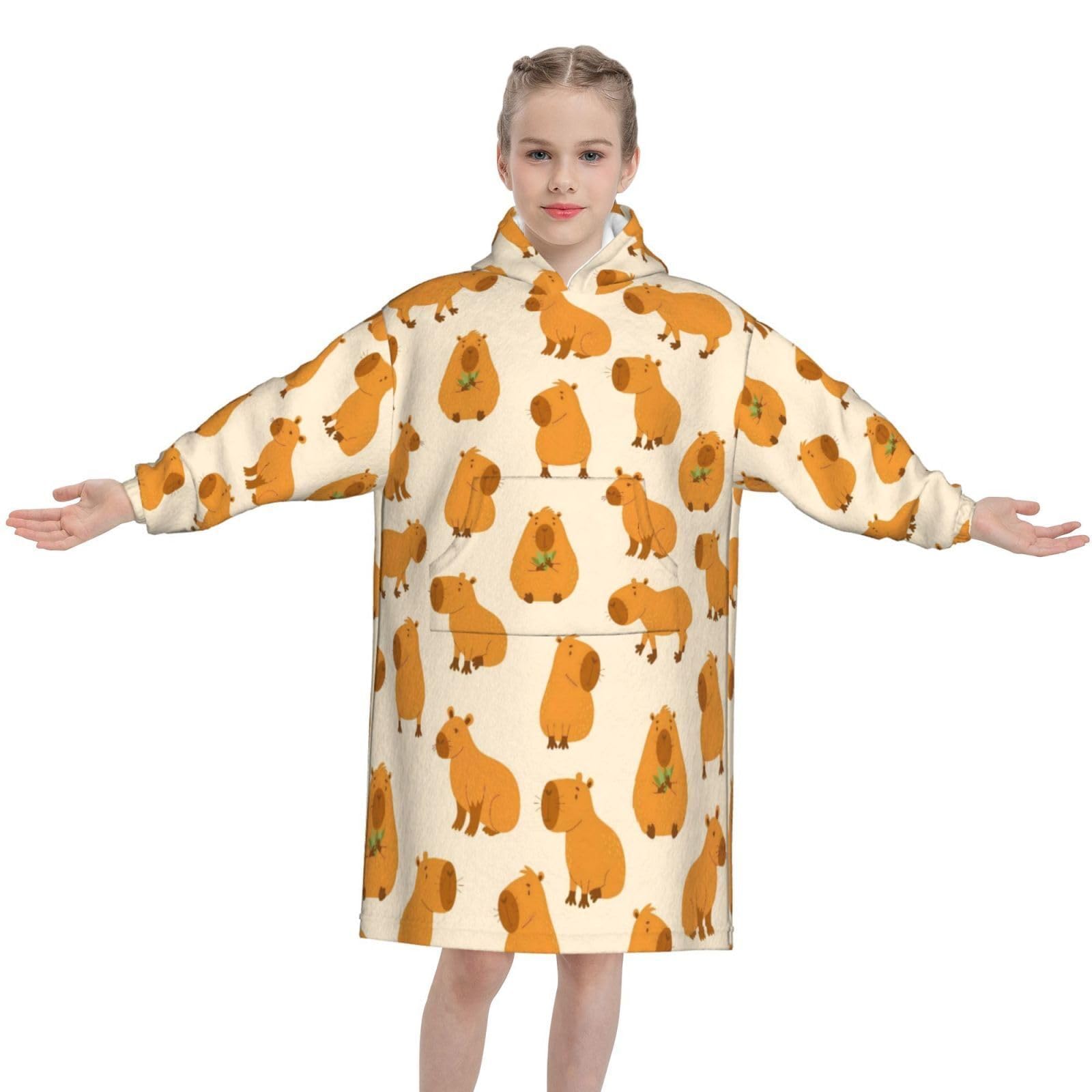 Cutes Capybara Wearable Blanket Hoodie for Kids, Oversized Flannel Fleece Sweatshirt, Cozy Blanket Hoodie with Pocket, Gift for Girls Boys Teens