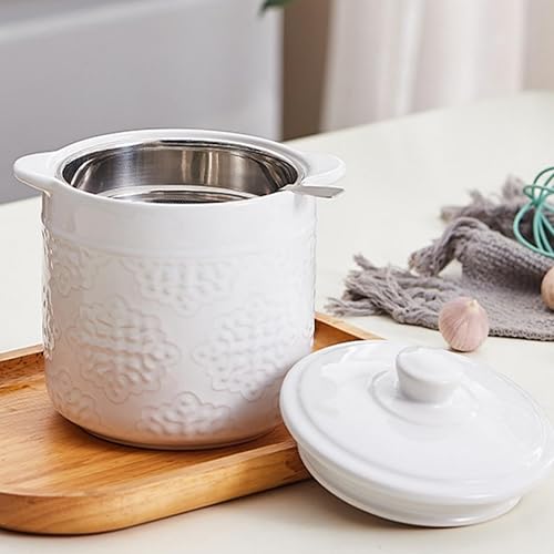 Lyellfe Recipiente de grasa de tocino de cerámica, filtro de aceite de 1.2L/40 onzas con colador, recipiente de aceite de cocina tallado blanco para