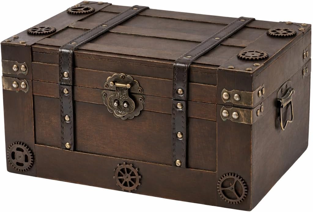 Vintage Pirate Style Treasure Chest For Kids,Large Treasure Box For Keepsakes, Decorative Antique Chest,Wooden Keepsake Box Size:13.8"X9.5"X6.9" (1, Large)