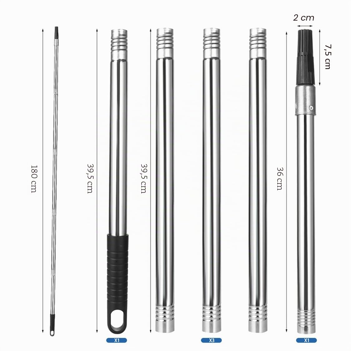 Rouleau de peinture Prolongation de manche en acier inoxydable télescopique en 5 parties avec adaptateur conique pour rouleau de peinture, outils de nettoyage, 40 cm - 180 cm