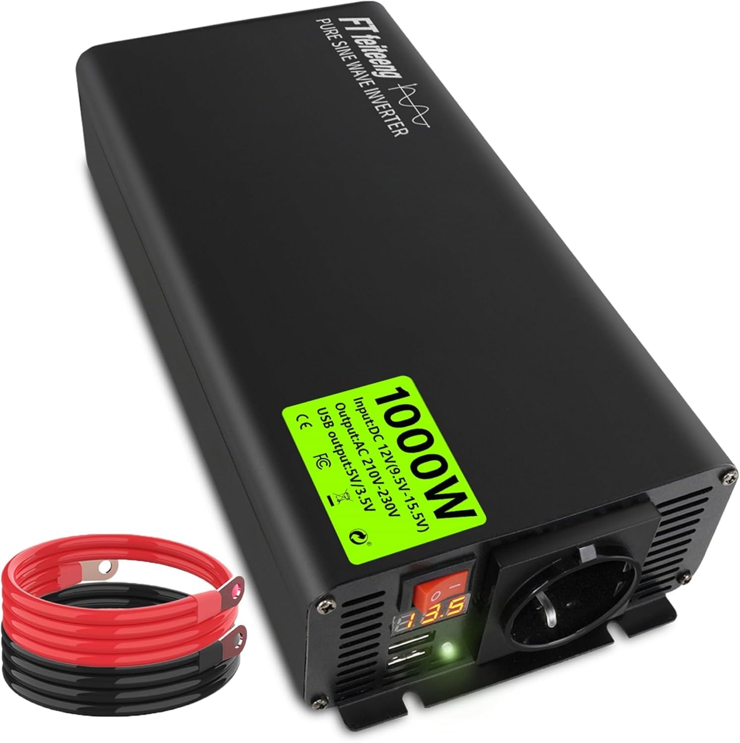 Inverter a onda sinusoidale pura, da 12 V CC a 220 V/230 V AC, display a LED, doppia porta USB 5 V/3,4 A, adatto per campeggio, camper, camion (1000 W)