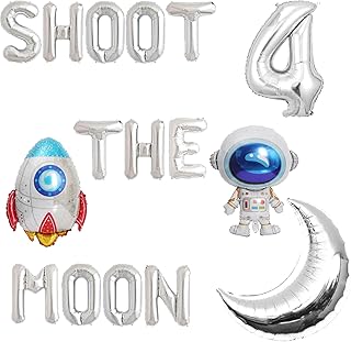 Vetwo Shoot 4 the Moon Balloons Silver Outer Space 4th Birthday Party Banner Love You to The Moon and Back/Astronaut/Space Man/Robot/Galaxy/UFO Theme Happy Fourth Birthday Party Supplies Decorations