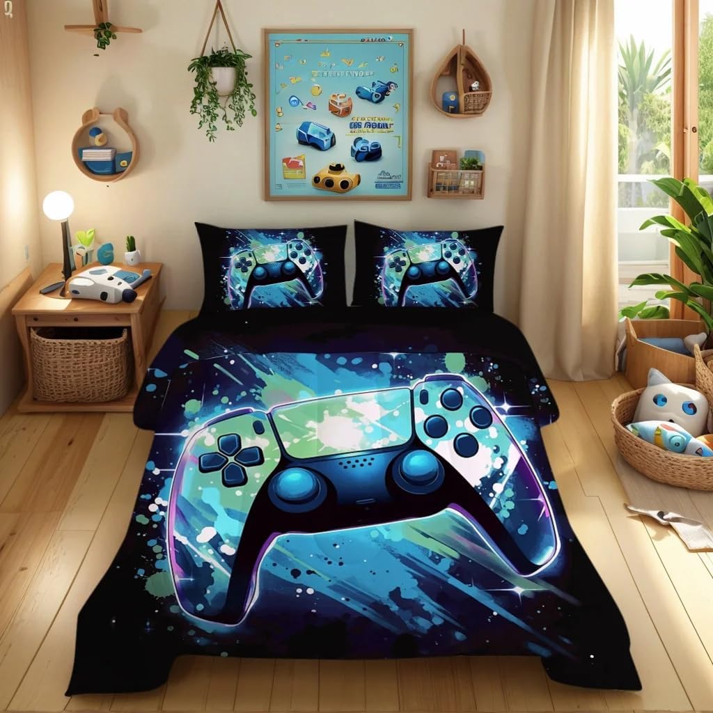 Gaming Comforter Set Queen Size for Boys Kids Teens Game Video Gamer Quilt Set Bedroom Decor Gamepad Bedding Set Blue 5 Pieces Bed in a Bag