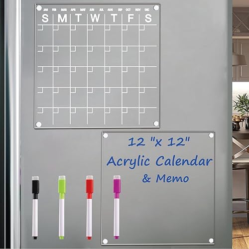 Miniatura 7 de Calendario acrílico para nevera, juego de 2 piezas con 4 marcadores de borrado en húmedo de 12 x 12 pulgadas, pequeño calendario magnético para