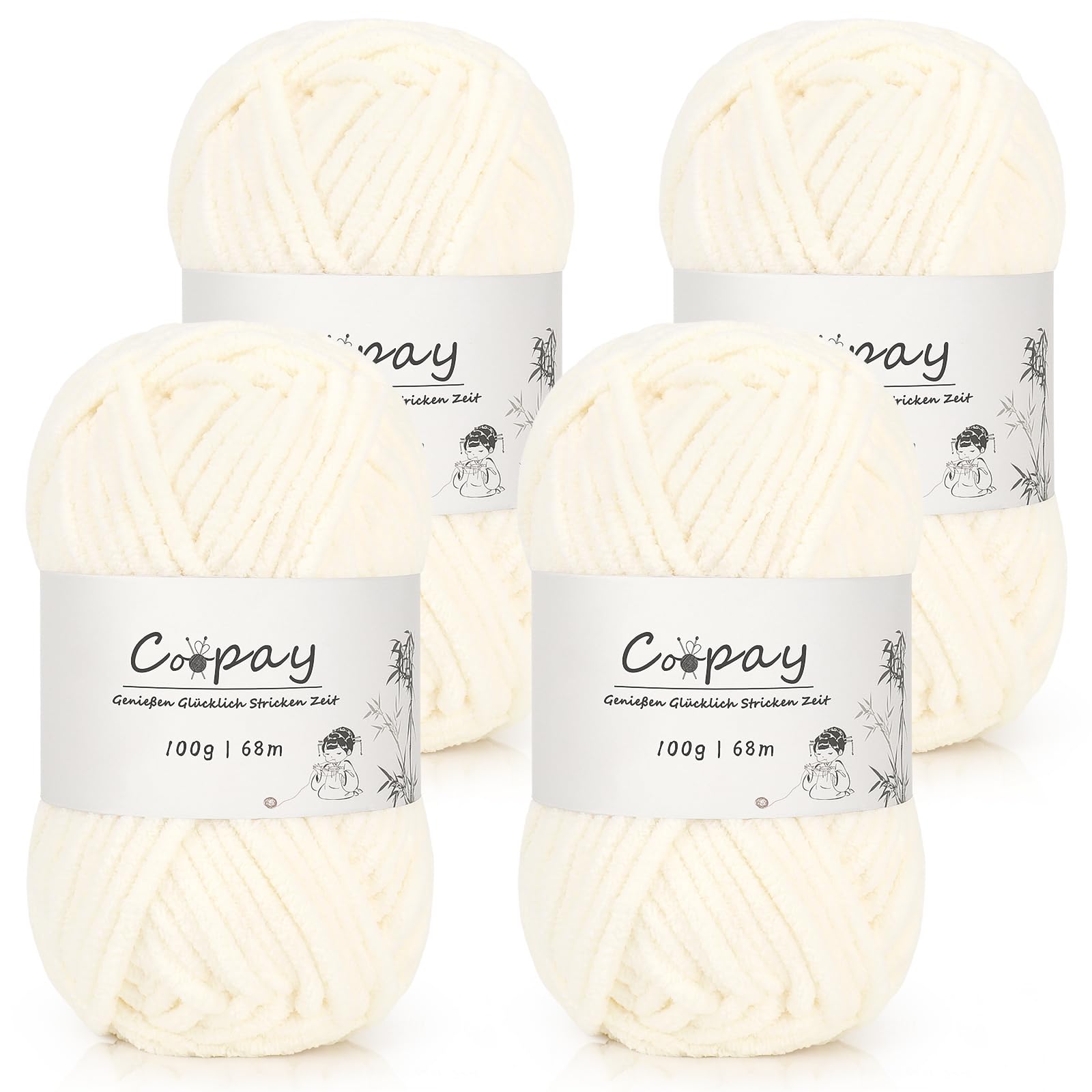 Coopay Chenille Chunky Wolle zum Häkeln Dickes Garn, 4 x 100g Dicke Wolle zum Stricken, Super Flauschig Weiches Wolle für Babydecke, Grobes Chenille-Garn für Decken, Schals, Taschen - Hellbeige