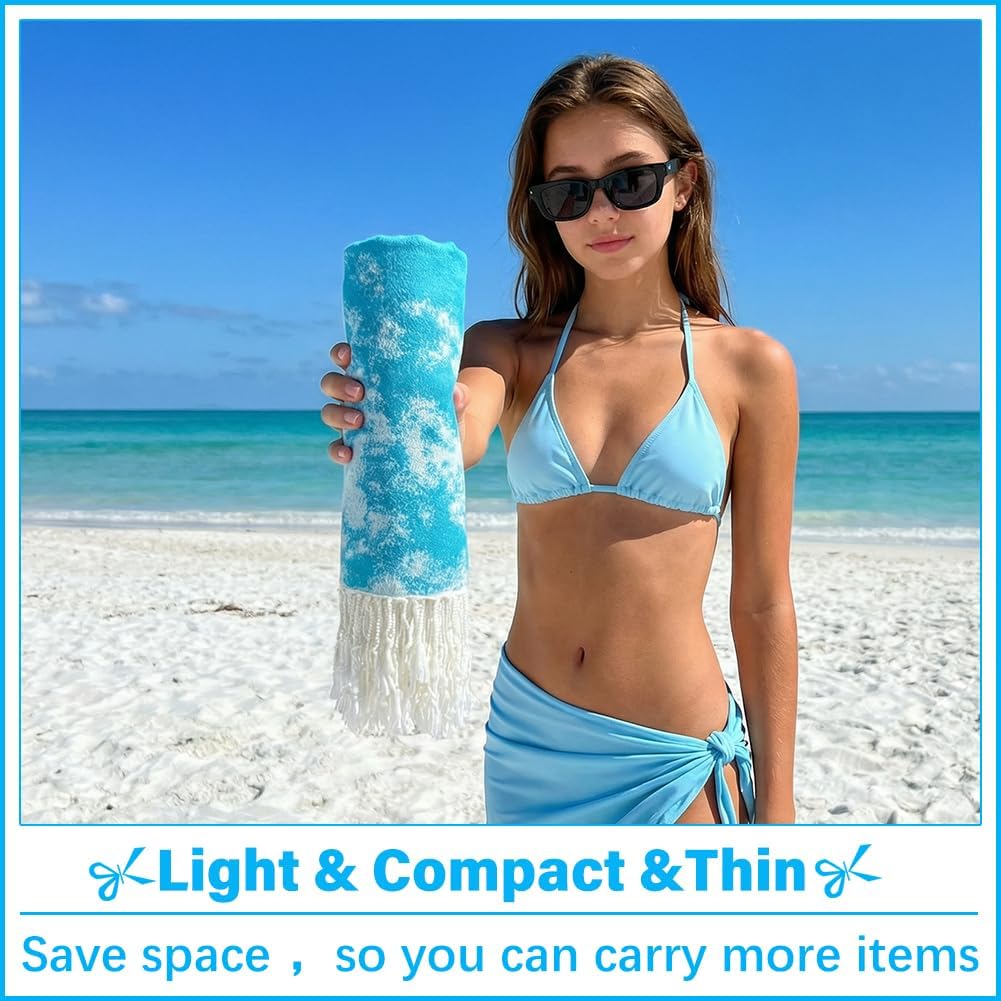 Vikumond Thin Turkish Beach Towel Lightweight Soft Cotton Extra Large XL Oversized Sand Free Sandproof Absorbent Quick Dry Towels Cloud Bath Pool Travel Compact Essentials Accessories for Adult Gifts
