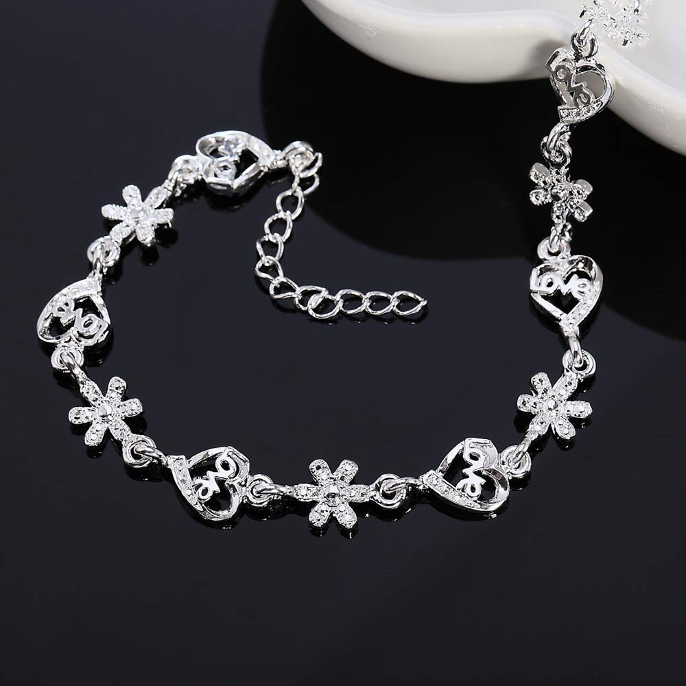 ZXF Bracelet women, 925 Sterling Silver Zircon Full Heart Flower