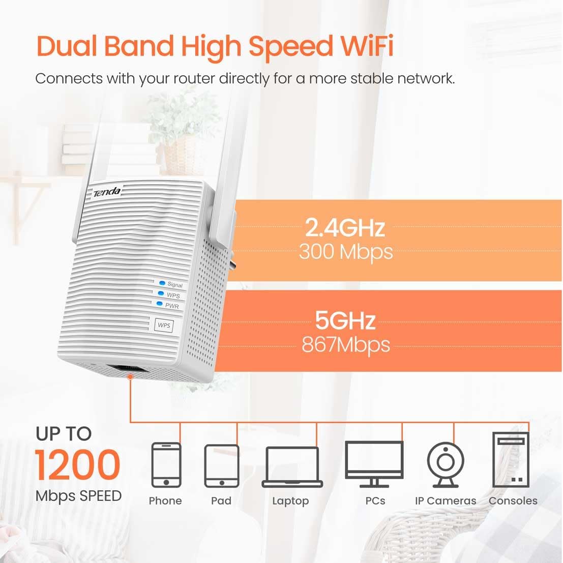 Tenda AC1200 WiFi Range Extender Gigabit WiFi Repeater with 100 Mbps LAN Port, Dual Banda 2.4GHz 300Mbps+5GHz 867Mbps, Hide SSID, WPS Function, Encryption Mode (A18), White - Image 4