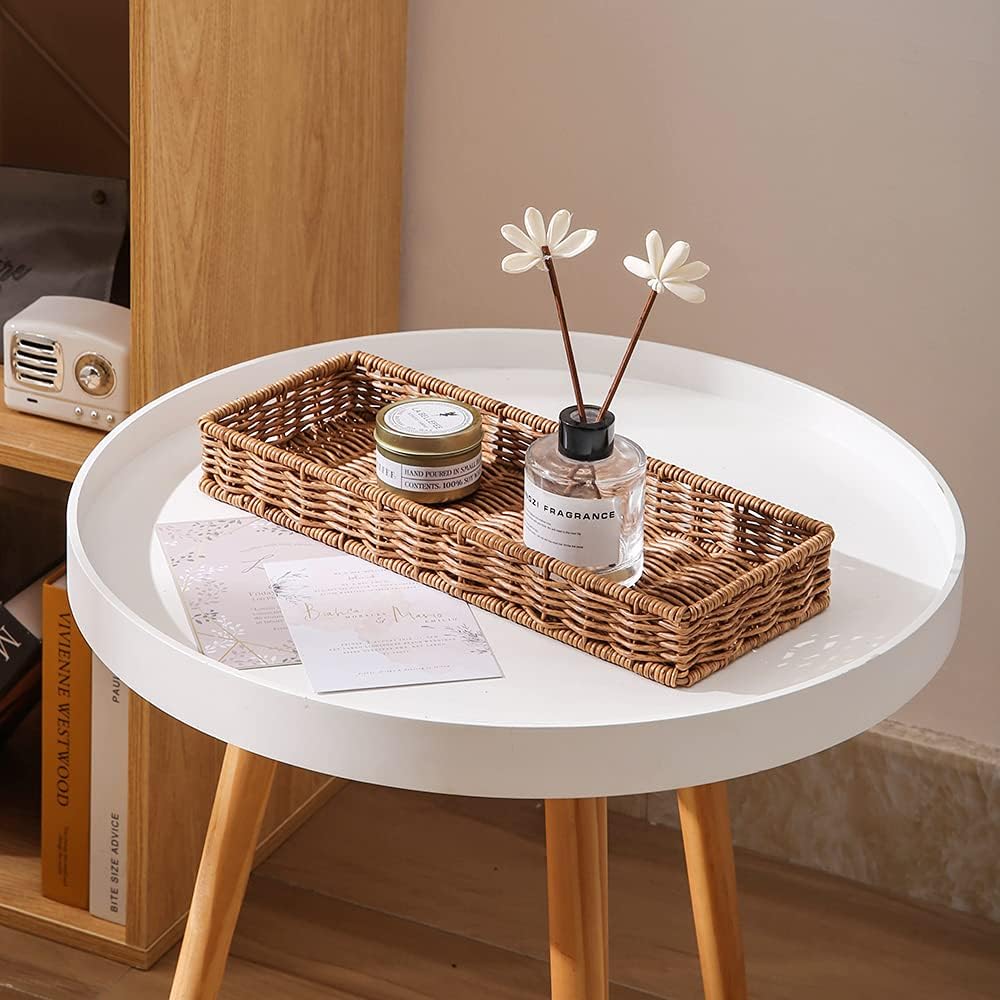 Rattan Bathroom Tray Toilet Tank Basket, Bathroom Sink Vanity Tray Long Narrow, Guest Towel Napkin Holder, Storage Basket Tray for Home Decor, 13.7'' x 5.3" x 1.8'' - Image 2
