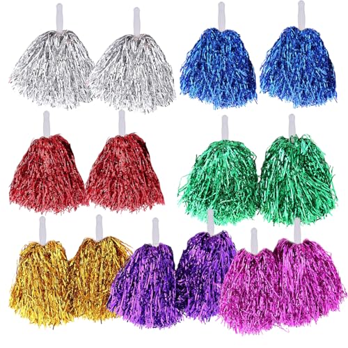 Bohue 14pcs Cheerleading Pom Poms Metal Foil Cheer Ball Sports Dance Cheer Spirit Cheering Pom Poms for Kids Adults (7 Color)