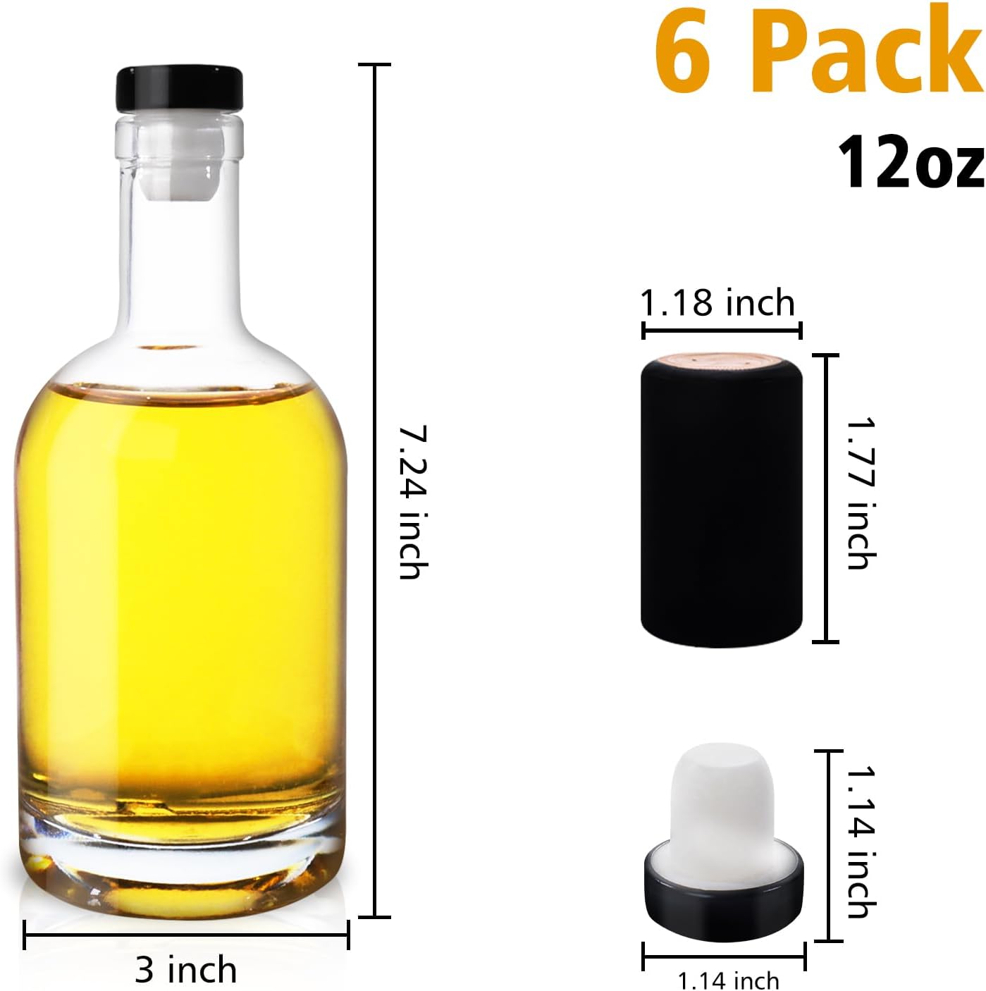 12 oz clear glass bottles with cork, 6 pack 375 ml liquor bottles with t-shaped stopper caps and pvc shrink capsules, empty heavy base vodka bottles for whiskey, wine