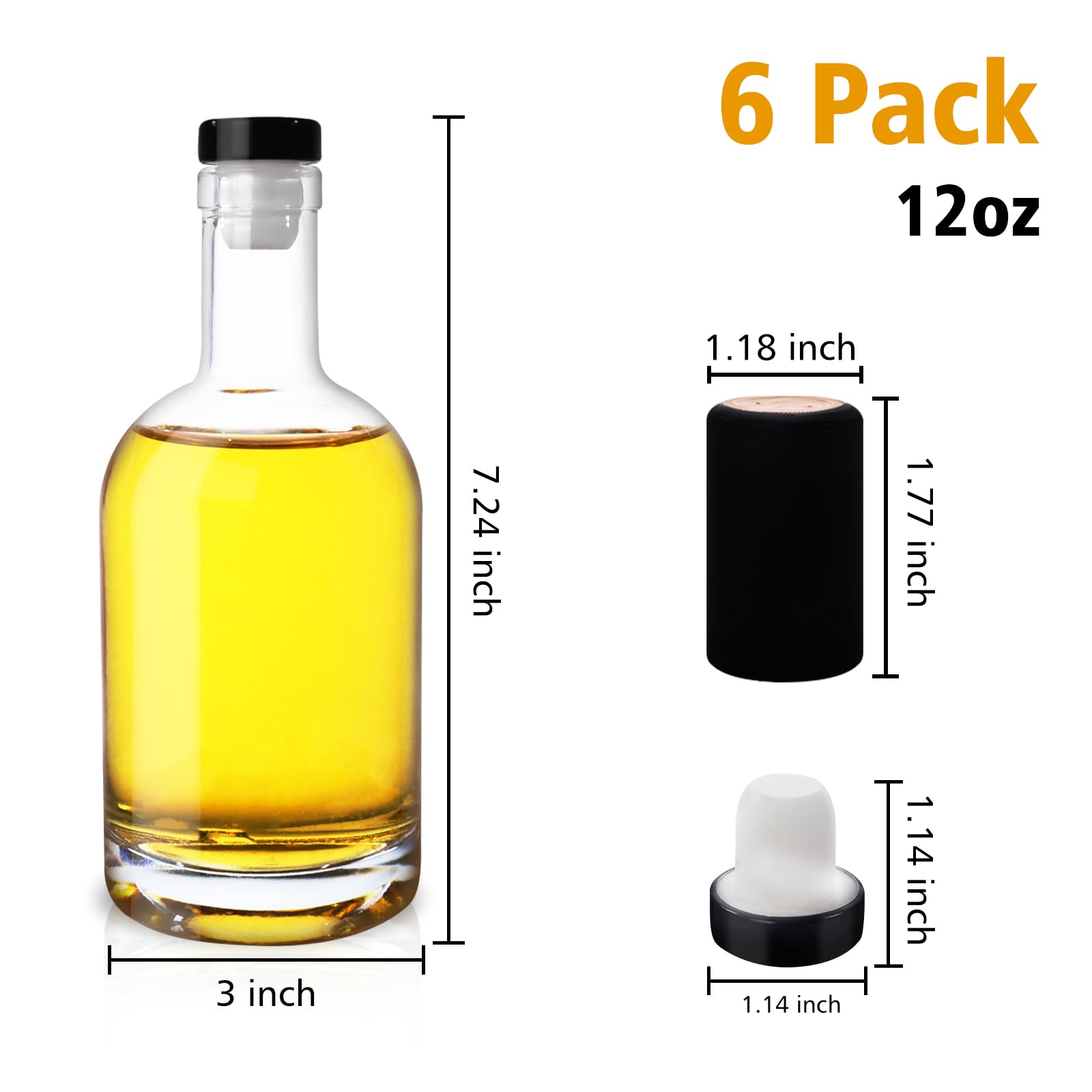 Botellas de vidrio transparente de 12 onzas con corcho, paquete de 6 botellas de licor de 375 ml con tapas de tapón en forma de T y cápsulas retráctiles de PVC, botellas vacías de vodka de