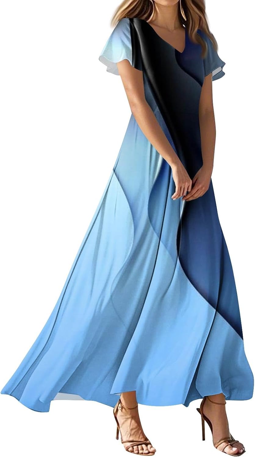 Robe Femme Scolaire Doux Élégante Été - Tunique Imprimée Manches Bouffantes Col V Profond