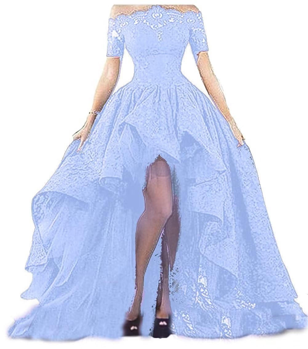 Diandiai Off Shoulder Hi Lo Gothic Prom Dresses for Women Short Sleeve Lace Evening Dresses Plus Size Light Blue 14
