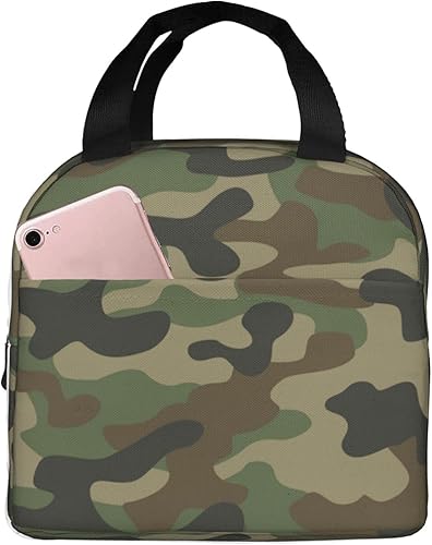 Duduho Bolsa de almuerzo con patrón de camuflaje, bolsa de mano compacta, camuflaje militar, reutilizable, contenedor para mujeres, hombres,