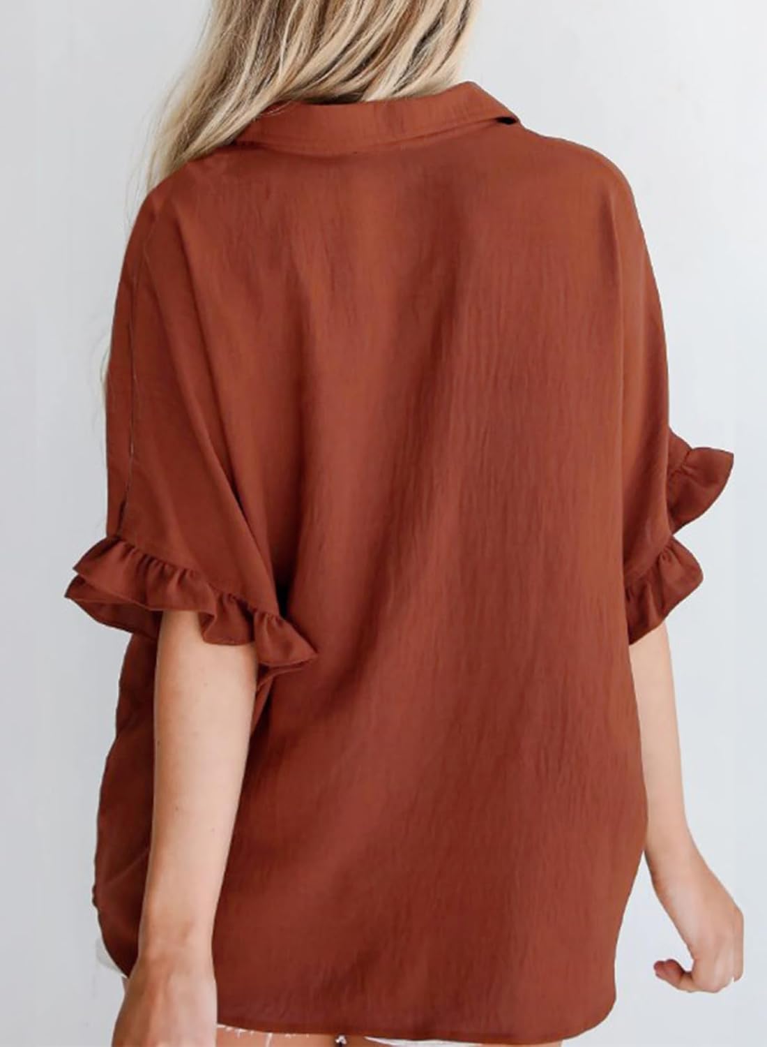 Astylish Women's Button Down Shirts Ruffle Short Sleeve V Neck Wrinkled Dressy Blouse Tops - Image 3