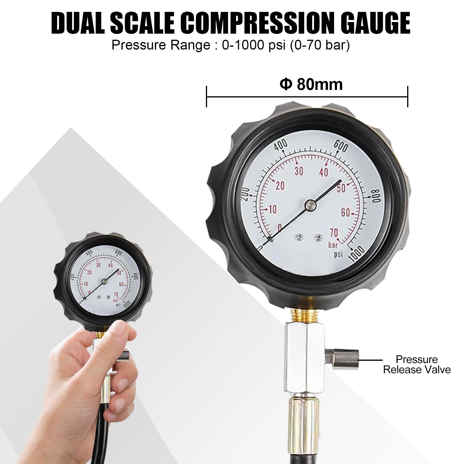 FreeTec Tester di compressione diesel, 1000 PSI 70 bar, misuratore di compressione diesel motore, tester diesel TDI CDI cilindro per auto, camion, trattore