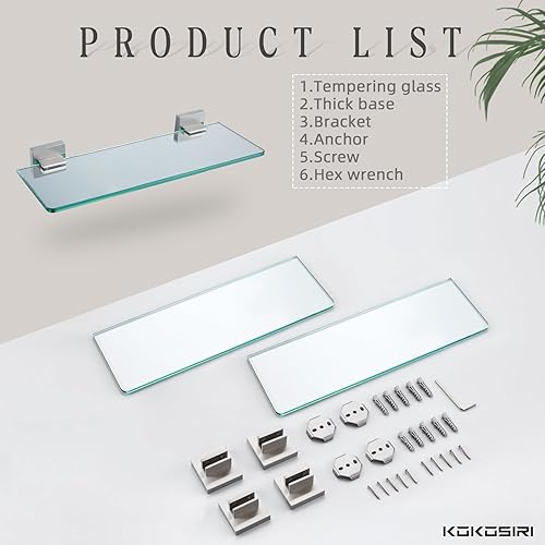 Miniatura 7 de KOKOSIRI Estantes de pared flotantes de vidrio de baño para almacenamiento de cocina, 12 x 5.6 pulgadas, vidrio templado montado en la pared, acero