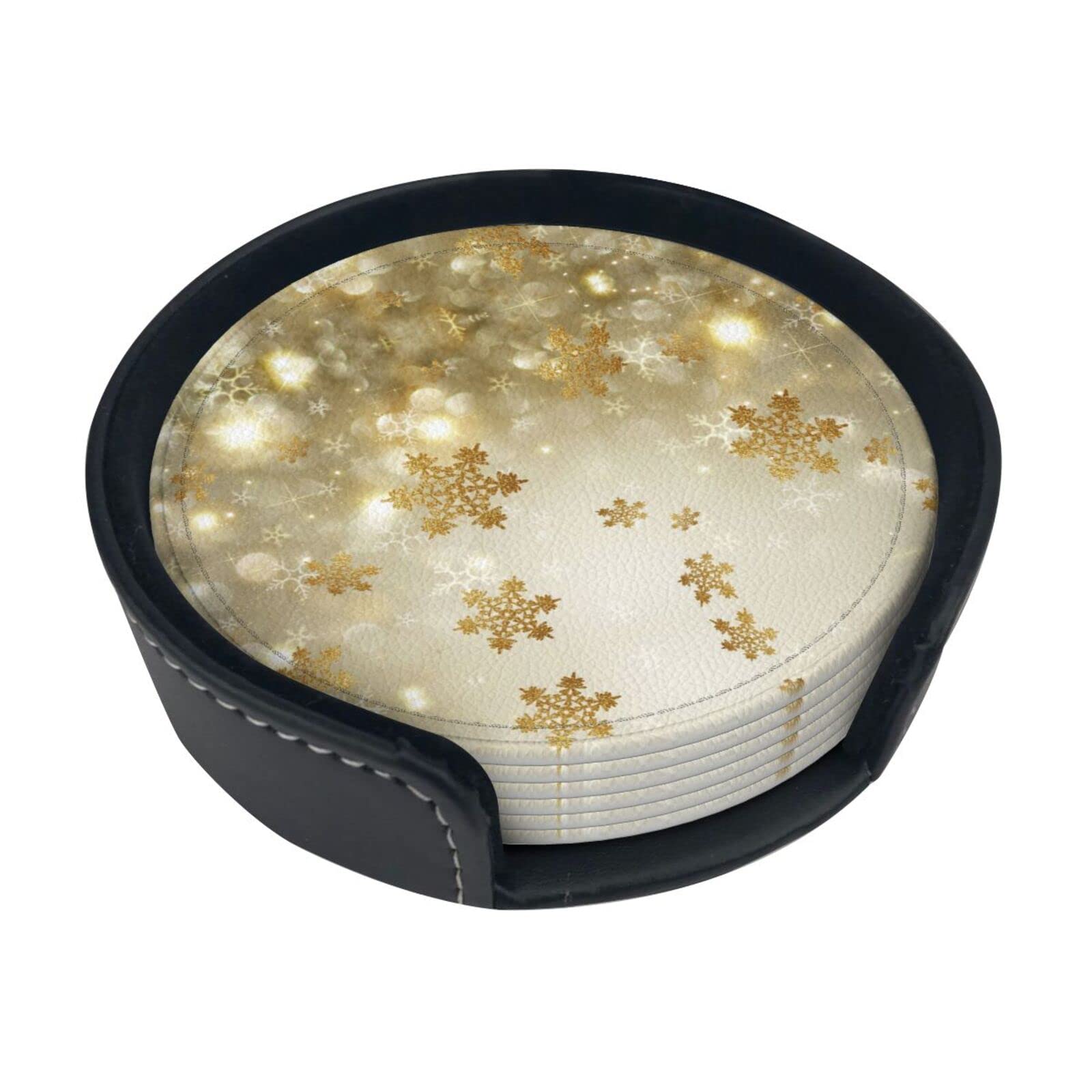 Alteko Gold Silk Christmas Coasters Set Of 6 Print Leather Coasters For Drinks,Home Décor And Housewarming Gift