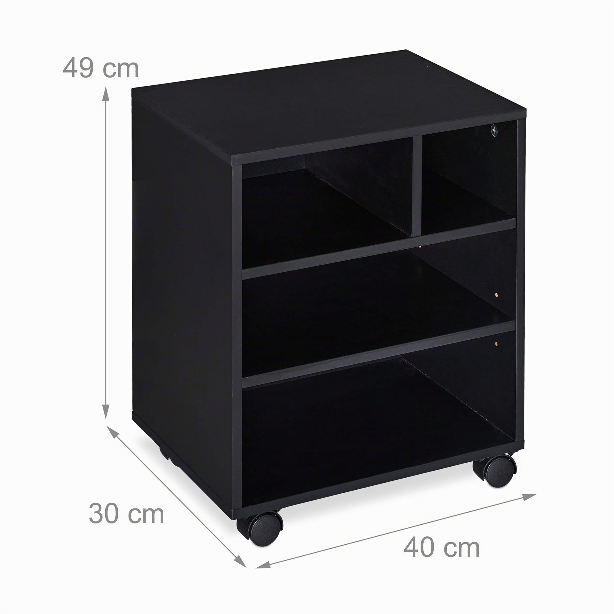 Relaxdays Mueble Auxiliar Impresora para Oficina y Teletrabajo, 4 Compartimentos Abiertos, Ruedas, 49x40x30 cm, Negro