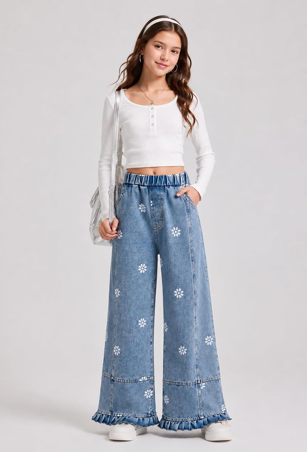 Girls Floral Jeans Wide Leg Ruffle Hem Denim Pants with Pockets